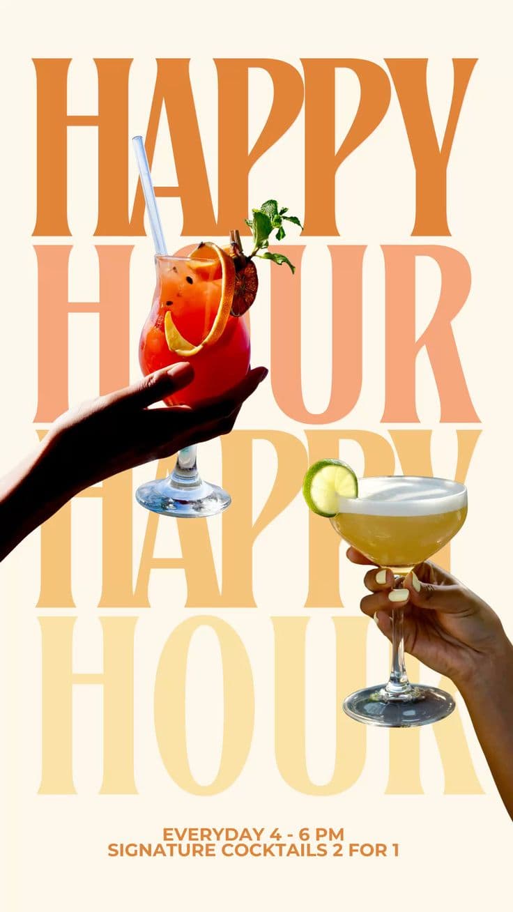 "Happy Hour de 16 a 18h. 2x1 en cócteles de autor. Esta tarde, aquí."